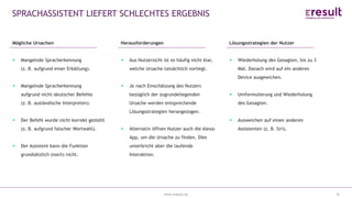 www.eresult.dewww.eresult.de
SPRACHASSISTENT LIEFERT SCHLECHTES ERGEBNIS
30
Herausforderungen
Aus Nutzersicht ist es häufig nicht klar,
welche Ursache tatsächlich vorliegt.
Je nach Einschätzung des Nutzers
bezüglich der zugrundeliegenden
Ursache werden entsprechende
Lösungsstrategien herangezogen.
Alternativ öffnen Nutzer auch die Alexa-
App, um die Ursache zu finden. Dies
unterbricht aber die laufende
Interaktion.
Lösungsstrategien der Nutzer
Wiederholung des Gesagten, bis zu 3
Mal. Danach wird auf ein anderes
Device ausgewichen.
Umformulierung und Wiederholung
des Gesagten.
Ausweichen auf einen anderen
Assistenten (z. B. Siri).
Mögliche Ursachen
Mangelnde Spracherkennung
(z. B. aufgrund einer Erkältung).
Mangelnde Spracherkennung
aufgrund nicht-deutscher Befehle
(z. B. ausländische Interpreten).
Der Befehl wurde nicht korrekt gestellt
(z. B. aufgrund falscher Wortwahl).
Der Assistent kann die Funktion
grundsätzlich (noch) nicht.
 