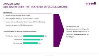 www.eresult.dewww.eresult.de
AMAZON ECHO –
DER BEGINN EINER (FAST) SICHEREN ERFOLGSGESCHICHTE!
11
Geräteverkauf
Amazon hat 300 Millionen aktive Kunden.
Weltweit gibt es derzeit ca. 16 Millionen Echo-Besitzer.
Amazon Echo ist in Deutschland seit Februar 2017 ohne Einladung
erhältlich. Er wurde ca. 500.000 Mal bestellt.
Top-3 Gründe für die Nutzung von Sprachassistenten 6
Die Verbreitung von
Sprachassistenten wird steigen. Ihr
zentraler Nutzen liegt darin uns zu
helfen den Alltag angenehmer zu
bewältigen.
49%
58%
70%
Fernsteuerung
Zeitersparnis
Freihändige Bedienbarkeit
 