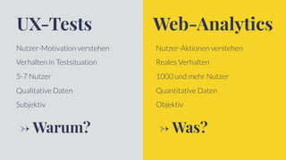 UX-Tests
Nutzer-Motivation verstehen
Web-Analytics
Nutzer-Aktionen verstehen
→ Warum? → Was?
Verhalten in Testsituation
5-7 Nutzer
Qualitative Daten
Subjektiv
Reales Verhalten
1000 und mehr Nutzer
Quantitative Daten
Objektiv
 