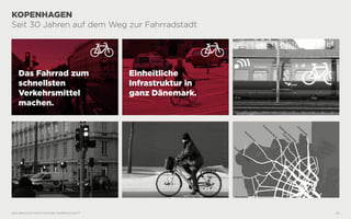 WAS BRAUCHT MAN FÜR EINE FAHRRADSTADT? 20
KOPENHAGEN
Seit 30 Jahren auf dem Weg zur Fahrradstadt
Einheitliche
Infrastruktu...