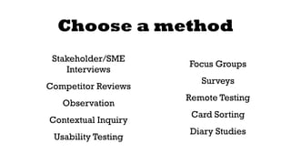 Choose a method 
Stakeholder/SME 
Interviews 
Competitor Reviews 
Observation 
Contextual Inquiry 
Usability Testing 
Focus Groups 
Surveys 
Remote Testing 
Card Sorting 
Diary Studies 
 
