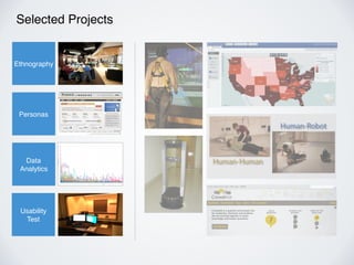 Selected Projects
Ethnography
Personas
Data
Analytics
Usability
Test
 