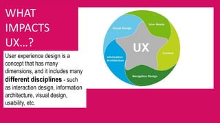 WHAT
IMPACTS
UX…?
User experience design is a
concept that has many
dimensions, and it includes many
different disciplines - such
as interaction design, information
architecture, visual design,
usability, etc.
 