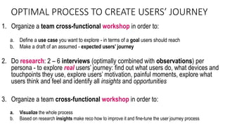 OPTIMAL PROCESS TO CREATE USERS’ JOURNEY
1. Organize a team cross-functional workshop in order to:
a. Define a use case you want to explore - in terms of a goal users should reach
b. Make a draft of an assumed - expected users’ journey
2. Do research: 2 – 6 interviews (optimally combined with observations) per
persona - to explore real users’ journey: find out what users do, what devices and
touchpoints they use, explore users’ motivation, painful moments, explore what
users think and feel and identify all insights and opportunities
3. Organize a team cross-functional workshop in order to:
a. Visualize the whole process
b. Based on research insights make reco how to improve it and fine-tune the user journey process
 
