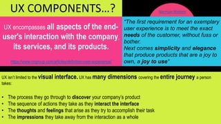 UX encompasses all aspects of the end-
user's interaction with the company,
its services, and its products.
https://www.nngroup.com/articles/definition-user-experience/
“The first requirement for an exemplary
user experience is to meet the exact
needs of the customer, without fuss or
bother.
Next comes simplicity and elegance
that produce products that are a joy to
own, a joy to use“
UX COMPONENTS…?
UX isn’t limited to the visual interface. UX has many dimensions covering the entire journey a person
takes:
• The process they go through to discover your company’s product
• The sequence of actions they take as they interact the interface
• The thoughts and feelings that arise as they try to accomplish their task
• The impressions they take away from the interaction as a whole
Norman Nielsen
 