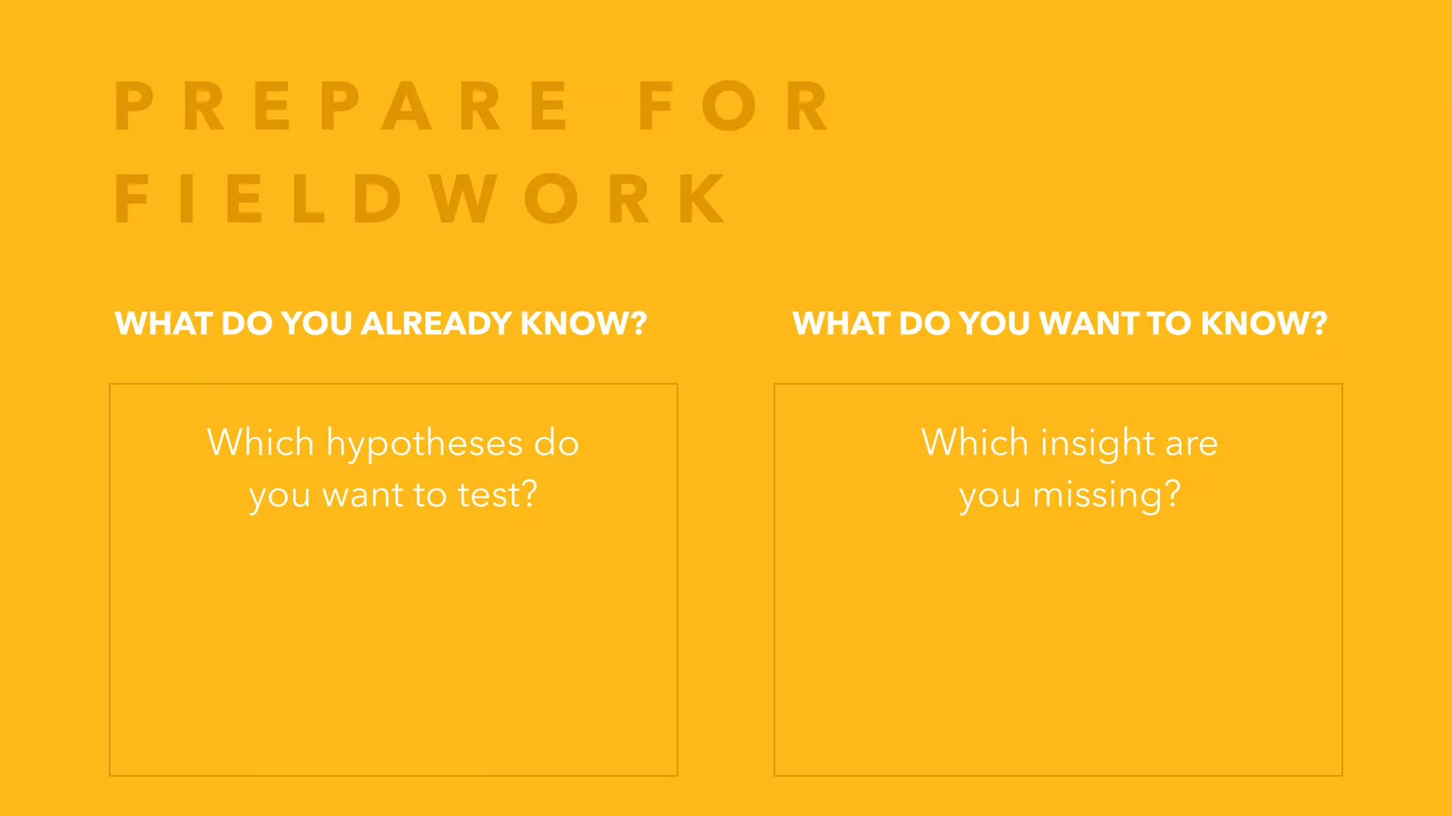 P R E P A R E F O R
F I E L D W O R K
WHAT DO YOU ALREADY KNOW? WHAT DO YOU WANT TO KNOW?
Which hypotheses do
you want to test?
Which insight are
you missing?
 