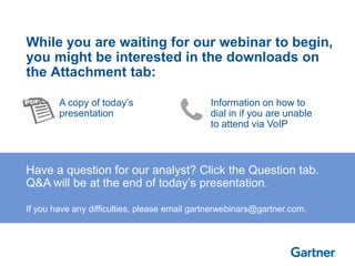 While you are waiting for our webinar to begin,
you might be interested in the downloads on
the Attachment tab:
Have a question for our analyst? Click the Question tab.
Q&A will be at the end of today’s presentation.
If you have any difficulties, please email gartnerwebinars@gartner.com.
A copy of today’s
presentation
Information on how to
dial in if you are unable
to attend via VoIP
 