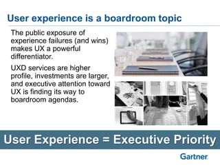 User experience is a boardroom topic
User Experience = Executive Priority
The public exposure of
experience failures (and wins)
makes UX a powerful
differentiator.
UXD services are higher
profile, investments are larger,
and executive attention toward
UX is finding its way to
boardroom agendas.
 
