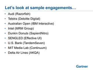 Let’s look at sample engagements…
• Audi (Razorfish)
• Telstra (Deloitte Digital)
• Australian Open (IBM Interactive)
• Intel (MRM Group)
• Dunkin Donuts (SapientNitro)
• SENGLED (Effective UI)
• U.S. Bank (TandemSeven)
• MIT Media Lab (Continuum)
• Delta Air Lines (AKQA)
 