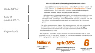 Major Airline Flight Operations Launch
projekt202 partnered on a relaunch of a critical ﬂight operations system and
during beta saw up to 15% improvement in on-time performance — which
saved numerous hours over legacy systems. For an airline, hours equals
millions of dollars in savings across a number of groups.
— conﬁdential —
…applications delivering up to
15% improvement in on-time
performance
upto15%
…upgrade across 6
applications
6… millions of dollars
in savings
Millions
Successful Launch in the Flight Operations Space
Hit the ROI first!
Scale of  
problem solved.
Project details.
The problems were complex. A growing US airline with over 40,000 employees and 3,000
daily flights. A fleet of 700 aircraft carrying 100 million domestic and international
passengers a year. Add a merger, an expanded network, and raised load factors. And, add
two separate technology platforms. It all added up to one large and very complicated
system.
The design and development of a new Web-based optimization tools gave airline staﬀ a
powerful, central resource for tracking aircraft ground movements; managing gate
assignments, restrictions and closures; reacting to and recovering from unexpected
operational events; and more.
With projekt202’s approach of iterative validation and continual interaction with the airline
employees they got the dual benefit of making key improvements early and often, while keying
in the employees to the upcoming improvements.
 