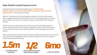 projekt202 helped this international retailer get to 1.5 million loyalty
customers in just over six months. With half their of sales now coming from these
loyalty members — this was a game changer.
With over 70 locations in the US and shipping to customers in more than 96 countries,
retailer engaged projekt202 to help pilot and launch this new loyalty program across their
stores to better serve customers, and gather a deeper understanding of their shopping
behavior.
The first launch was a pilot program for customers to enroll in the loyalty program or
retrieve member information at the register. projekt202 was able to roll out this solution
across a subset of locations using an Apple iPad with a custom developed point-of-sale
solution.
After a successful pilot, this solution was then further developed and launched across all stores
at the point-of-sale. projekt202 was able to extend the program online with a companion
website with extended functionality.
… 1.5 million loyalty
customers
1.5m … half of sales coming from
these loyalty members
1/2 … in just six months
6mo
Major Retailer Loyalty Program Launch
 