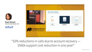 “52% reductions in calls due to account recovery —
$560k support cost reduction in one year!”
Dawn Ressel
Experience Design Manager, Intuit
http://2016.enterpriseux.net/program/
 