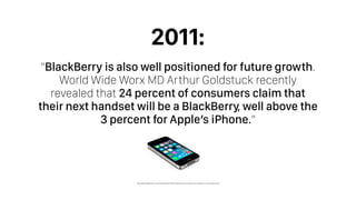 “BlackBerry is also well positioned for future growth.
World Wide Worx MD Arthur Goldstuck recently
revealed that 24 percent of consumers claim that
their next handset will be a BlackBerry, well above the
3 percent for Apple’s iPhone.”
2011:
http://mybroadband.co.za/news/cellular/19774-blackberry-vs-iphone-vs-android-in-south-africa.html
 