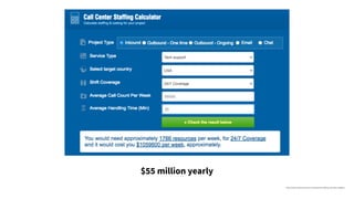 https://www.outsource2india.com/callcenter-stafﬁng-calculator.asp#top
$55 million yearly
 