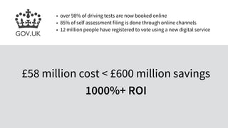 • over 98% of driving tests are now booked online
• 85% of self assessment filing is done through online channels
• 12 million people have registered to vote using a new digital service
£58 million cost < £600 million savings
1000%+ ROI
 