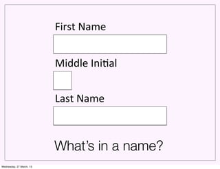First&Name&


                          Middle&Ini0al&


                          Last&Name&



                          What’s in a name?
Wednesday, 27 March, 13
 