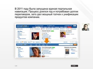 В 2011 году была запущена единая портальная
навигация. Процесс длился год и потребовал долгих
переговоров, зато дал мощный толчок к унификации
продуктов компании.




130
 