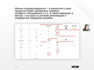 Иконки стандартизируются – в результате у всех
продуктов будет одинаковые символы
конверта, пользователя и т.п. А также переходят в
вектор – это одно из условий ретинизации и
комфортной поддержки дизайна.




132
 