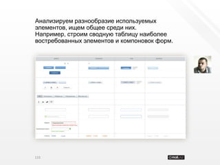 Анализируем разнообразие используемых
элементов, ищем общее среди них.
Например, строим сводную таблицу наиболее
востребованных элементов и компоновок форм.




133
 