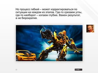 Но процесс гибкий – может корректироваться по
ситуации на каждом из этапов. Где-то срезаем углы,
где-то наоборот – копаем глубже. Важен результат,
а не бюрократия.




32
 
