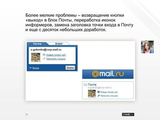 Более мелкие проблемы – возвращение кнопки
«выход» в блок Почты, переработка иконок
информеров, замена заголовка точки входа в Почту
и еще с десяток небольших доработок.




55
 