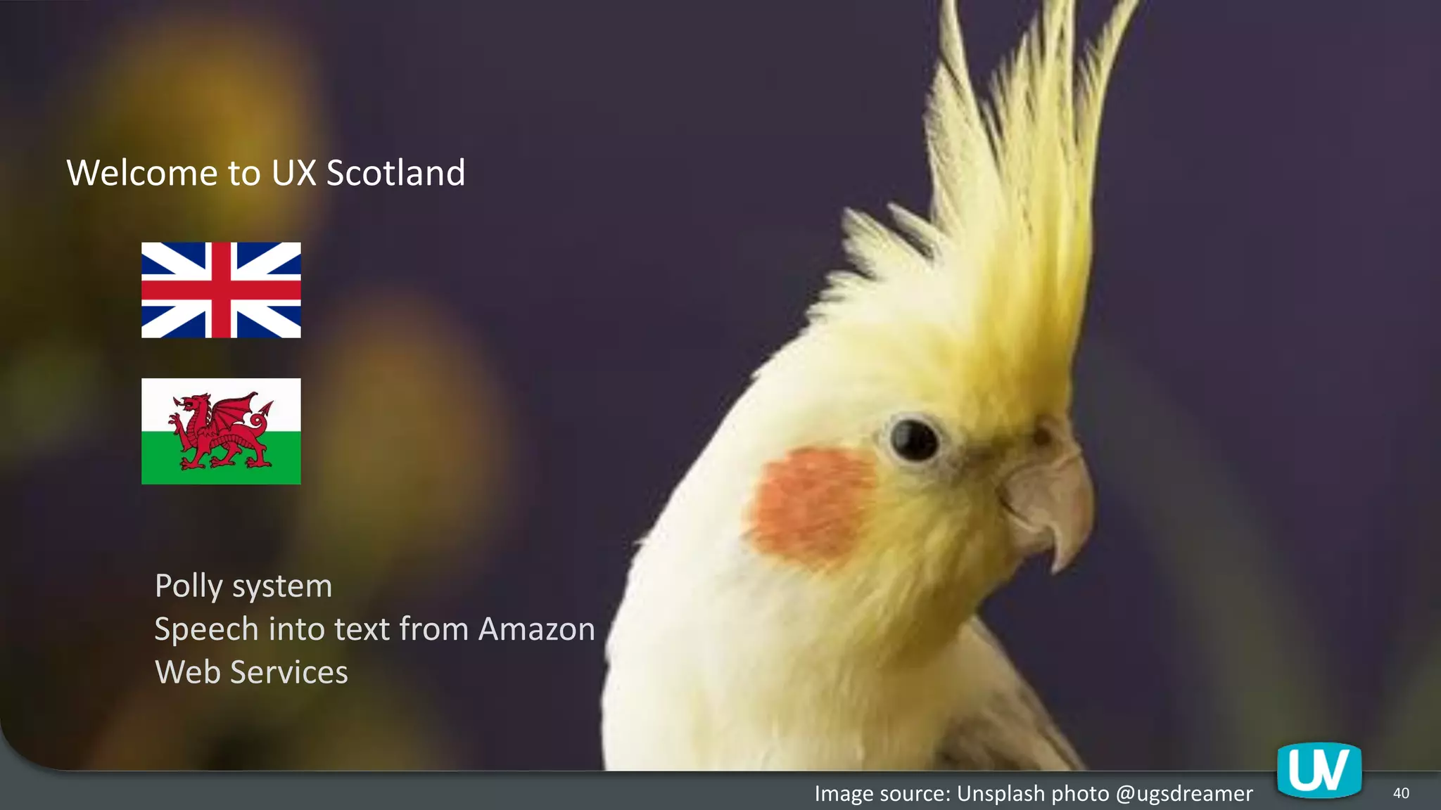 40
Welcome to UX Scotland
Image source: Unsplash photo @ugsdreamer
Polly system
Speech into text from Amazon
Web Services
 