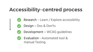 Accessibility-centred process
Research – Learn / Explore accessibility
Design – Dos & Don’ts
Development – WCAG guidelines...