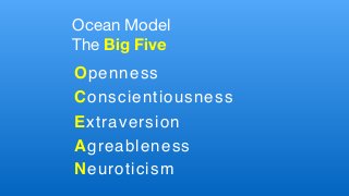 Ocean Model

The Big Five
Openness
Conscientiousness
Extraversion
Agreableness
Neuroticism 
 