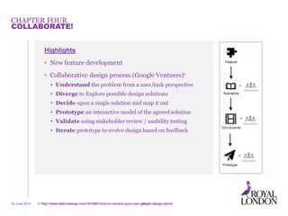 CHAPTER FOUR
20 June 2014 1. http://www.fastcodesign.com/1672887/how-to-conduct-your-own-google-design-sprint20
COLLABORATE!
Highlights
• New feature development
• Collaborative design process (Google Ventures)1
• Understand the problem from a user/task perspective
• Diverge to Explore possible design solutions
• Decide upon a single solution and map it out
• Prototype an interactive model of the agreed solution
• Validate using stakeholder review / usability testing
• Iterate prototype to evolve design based on feedback
 