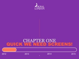 CHAPTER ONE
QUICK WE NEED SCREENS!
6
 