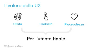 UX, Scrum e gilde...
Il valore della UX
Per l’utente finale
PiacevolezzaUtilità Usabilità
 