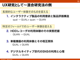 Copyright ©　Masaya Ando
13
ＵＸ研究として〜混合研究法の例
長期的なユーザー体験そのものを捉える
1.  インタラクティブ製品の利用意欲と製品評価構造
•  qual → QUAL+ quan → QUAN
特定のフィールドでのユーザー体験を捉える
2.  HDDレコーダの利用体験のその実態把握
•  QUAN → QUAL
3.  車載機器の利用体験とその相互関係
•  QUAL + QUAN
4.  デジタルネイティブ世代のSNSの利用と心理
•  QUAL + QUAN
 