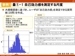 Copyright ©　Masaya Ando
17
事例１  量①-1  自己効力感を測定する尺度
n  大規模調査に基づき、ユーザの「自己効力感」を測定できる質問
紙（20問）を作成。
・調査サンプル：1,200件
・調査法：訪問留置法
・対象者：全国15～79歳
・サンプリング：層別二段割当法
・有効回答：1031件
調査方法
1. 電子機器をよりよく使うために、自分なりに利用法を工夫したりする	
 
2. やりたいことがあれば、自分からすすんで機能や使い方を探す	
 
3. 電子機器がそなえている機能のうち、どの機能を使えばやりたいことが
できるか、だいたいわかる	
 
4. トラブルが起こった時、あわてずに原因を推測して、対処のしかたを考
える	
 
5. 機能や操作がわからなくなった時は、自分で取扱説明書やマニュアル
を読んで理解できると思う	
 
6. もっと効率的な方法や使い方ができないか、調べたり考えたりする	
 
7. どんな電子機器であっても、自分がやりたいことは操作できる自信があ
る	
 
8. 電子機器を使うこと自体が、楽しいと感じる方だ	
 
9. どのボタンを操作すればどうなるかが、だいたいわかるので、操作に不
安は感じない	
 
10. 自分には操作が難しいと感じても、あきらめないで、できるまでがんばる	
 
得点分布
項目例
（安藤・黒須・高橋, 2008）	
 