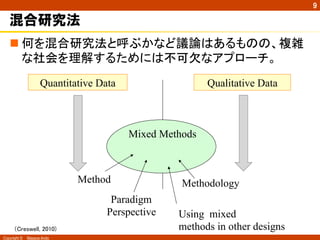 Copyright ©　Masaya Ando
9
混合研究法
n 何を混合研究法と呼ぶかなど議論はあるものの、複雑
な社会を理解するためには不可欠なアプローチ。	
Quantitative Data Qualitative Data
MethodologyMethod
Paradigm
Perspective Using mixed
methods in other designs
Mixed Methods
（Creswell, 2010)	
 
