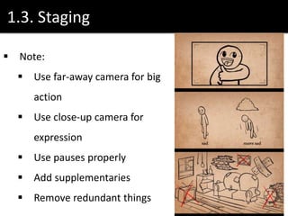 1.3. Staging
 Note:
 Use far-away camera for big
action
 Use close-up camera for
expression
 Use pauses properly
 Add supplementaries
 Remove redundant things
 