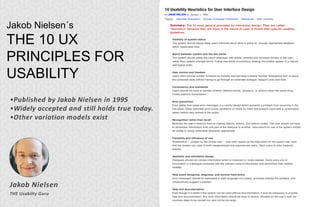 Jakob Nielsen
THE Usabilty Guru
Jakob Nielsen´s
THE 10 UX
PRINCIPLES FOR
USABILITY
•Published by Jakob Nielsen in 1995
•Widely accepted and still holds true today.
•Other variation models exist
 