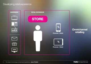 AWARENESS RETAIL EXPERIENCE
Personal + Retail
Personal + Retail
Developing retail experience
Omnichannel
retailing
STORE
4 / The impact of technology on retail brand experience / Jason Pollard
 