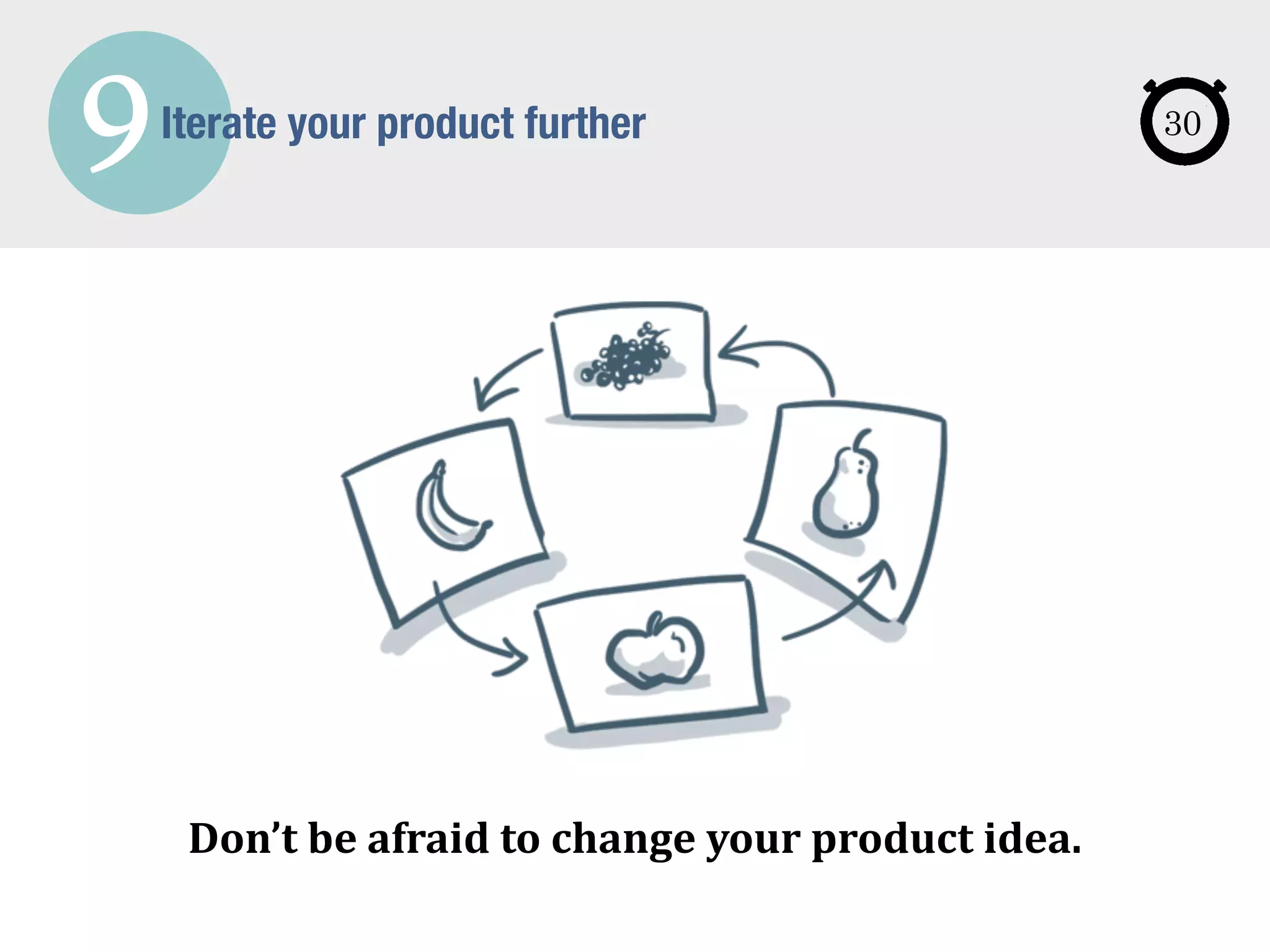 9Iterate your product further
Don’t	
  be	
  afraid	
  to	
  change	
  your	
  product	
  idea.
30
 