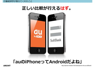 ⾏動経済学が教えてくれたこと


            正しい⽐較が⾏えるはず。




         「auのiPhoneってAndroidだよね」
ARCHIT                  http://iphone-meister.info/news/iphone-4s-au-softbank/
 