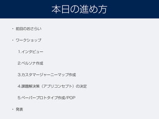 • 前回のおさらい
• ワークショップ
1.インタビュー
2.ペルソナ作成
3.カスタマージャーニーマップ作成
4.課題解決策（アプリコンセプト）の決定
5.ペーパープロトタイプ作成/POP
• 発表
本日の進め方
 