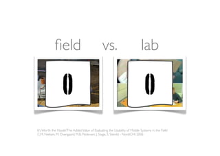 ﬁeld                               vs.                          lab

                  0                                                            0
It’s Worth the Hassle! The Added Value of Evaluating the Usability of Mobile Systems in the Field
C.M. Nielsen, M. Overgaard, M.B. Pedersen, J. Stage, S. Stenild - NordiCHI 2006
 