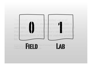 0                                                  1
The results show that the added value of
conducting usability evaluations in the ﬁeld is
very little and that recreating central aspects of
the use context in a laboratory setting enables
the identiﬁcation of the same usability problem
list.

                   Field                                                 Lab
Is it Worth the Hassle? Exploring the Added Value of Evaluating the Usability of Context-Aware
Mobile Systems in the Field
J. Kjeldskov, M. B. Skov, B. S. Als, R. T. Høegh, 2004
 