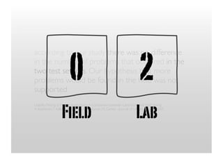 0                                                      2
according to our study there was no difference
in the number of problems that occurred in the
two test settings. Our hypothesis that more
problems would be found in the ﬁeld was not
supported


                     Field                                                    Lab
Usability Testing of Mobile Applications: A Comparison between Laboratory and Field Testing
A. Kaikkonen, T. Kallio, A. Kekäläinen, A. Kankainen, M. Cankar - Journal of Usability Studies, 2005
 
