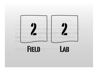 2                                                  2
The analyses of the comparison between
usability testing done in two different settings
revealed that there were many more types and
occurrences of usability problems found in the
ﬁeld than in the laboratory. Those problems
discovered tend to be critical issues.

                   Field                                                 Lab
Usability Evaluation of Mobile Device: a Comparison of Laboratory and Field Tests
H.B Duh, G. C. B. Tan, V. H. Chen, MobileHCI 2006
 