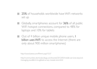 25% of households worldwide have WiFi networks
 set up
 Globally, smartphones account for 36% of all public
 WiFi hotspot connections, compared to 48% for
 laptops and 10% for tablets
 Out of 4 billion unique mobile phone users, 1
 billion uses WiFi to access the Internet (there are
 only about 900 million smartphones)


http://www.lukew.com/ff/entry.asp?1537

http://communities-dominate.blogs.com/brands/2012/05/mobile-services-beyond-
messaging-excellent-tns-global-survey-reveals-tons.html
 
