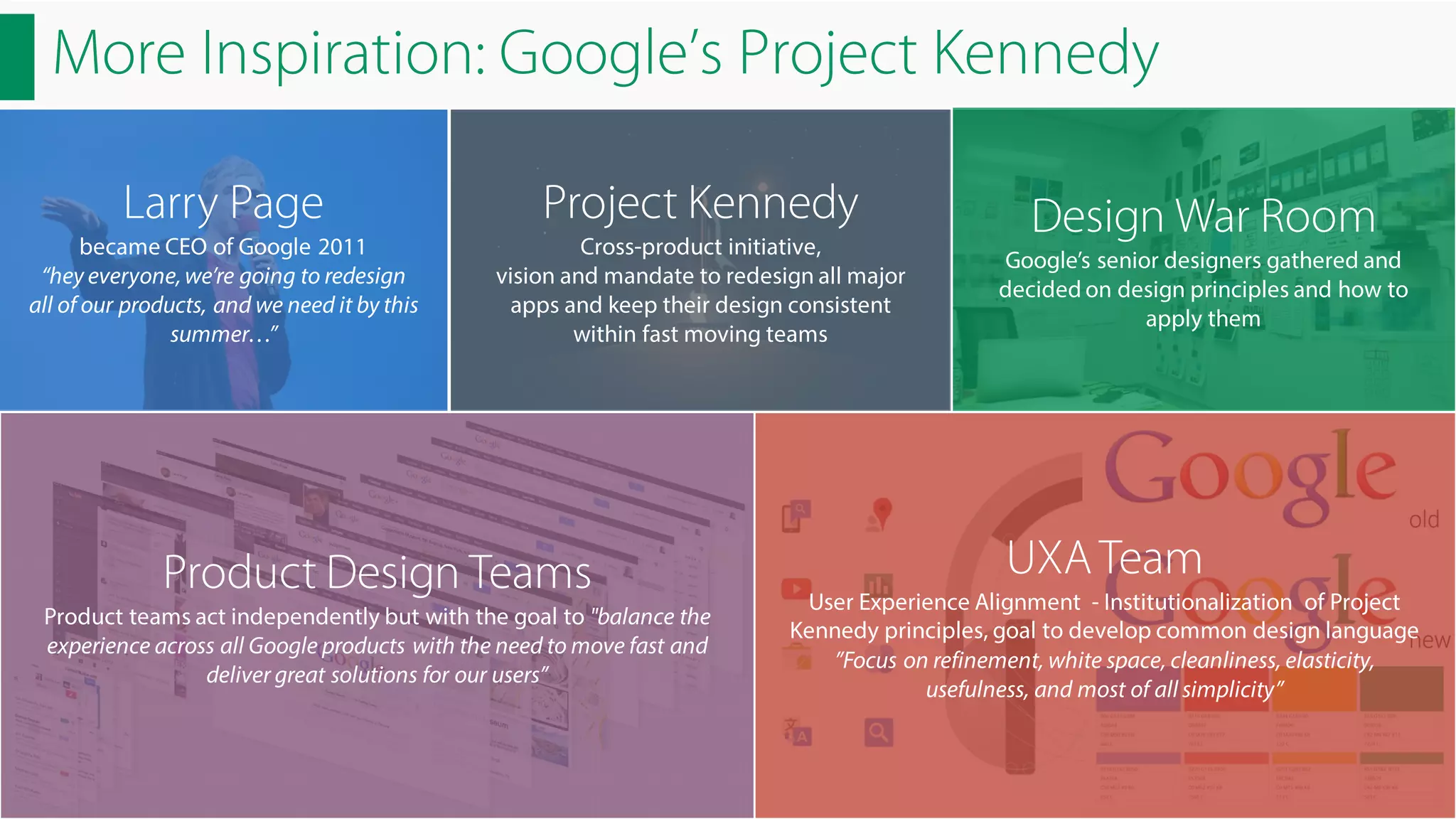 More Inspiration: Google’s Project Kennedy
Larry Page

Project Kennedy

became CEO of Google 2011
“hey everyone, we’re going to redesign
all of our products, and we need it by this
summer…”

Cross-product initiative,
vision and mandate to redesign all major
apps and keep their design consistent
within fast moving teams

Product Design Teams
Product teams act independently but with the goal to "balance the
experience across all Google products with the need to move fast and
deliver great solutions for our users”

Design War Room
Google’s senior designers gathered and
decided on design principles and how to
apply them

UXA Team
User Experience Alignment - Institutionalization of Project
Kennedy principles, goal to develop common design language
”Focus on refinement, white space, cleanliness, elasticity,
usefulness, and most of all simplicity”

 