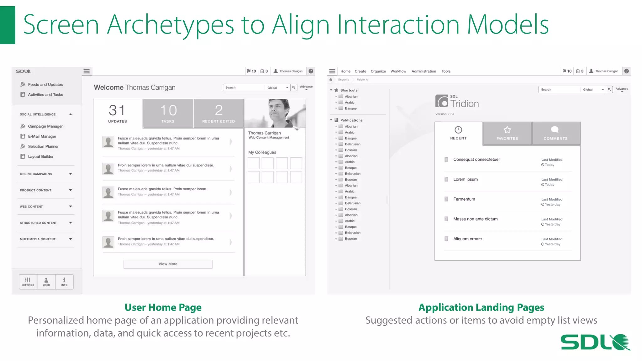 Screen Archetypes to Align Interaction Models

User Home Page
Personalized home page of an application providing relevant
information, data, and quick access to recent projects etc.

Application Landing Pages
Suggested actions or items to avoid empty list views

 