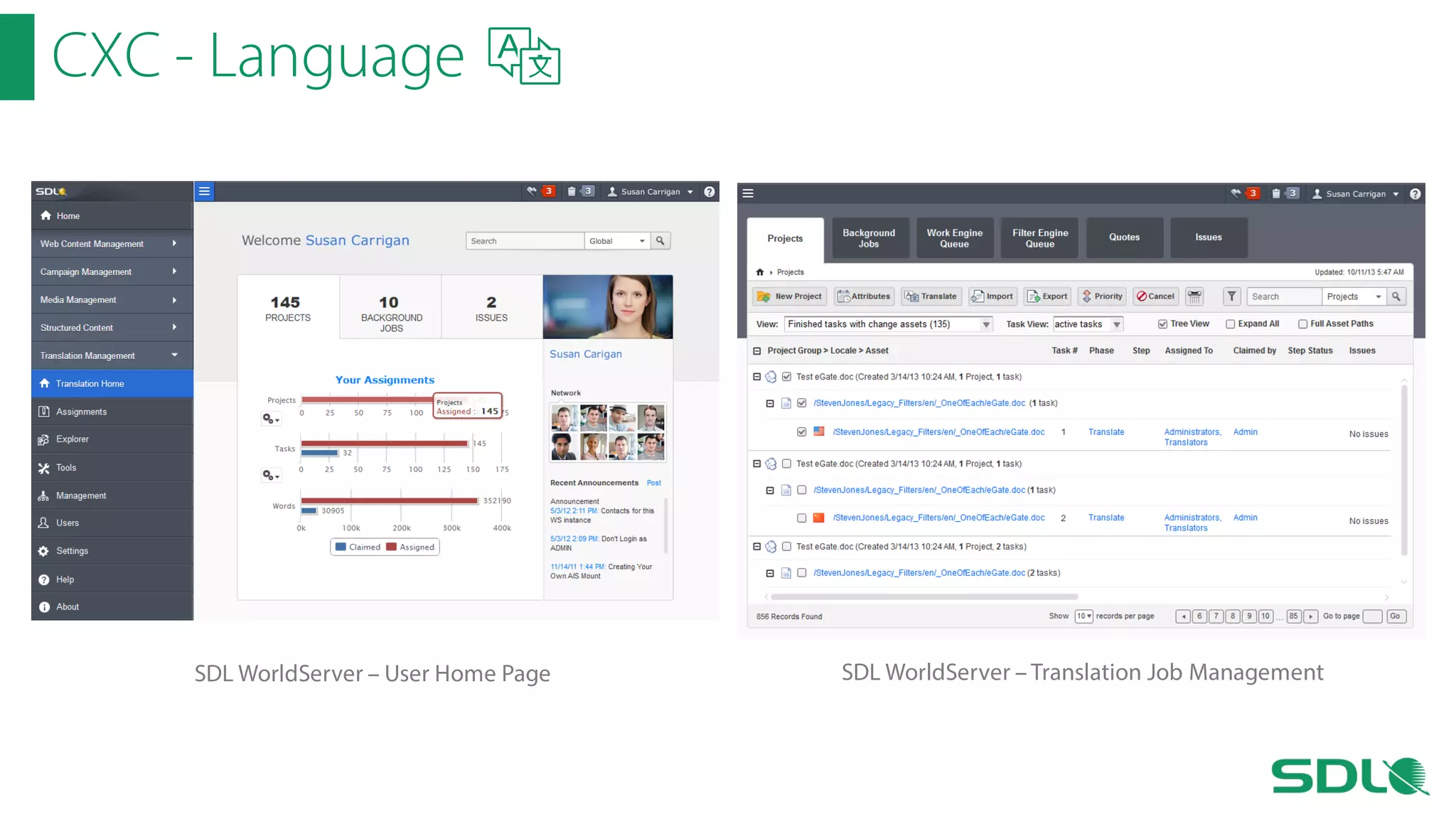 CXC - Language

SDL WorldServer – User Home Page

SDL WorldServer – Translation Job Management

 