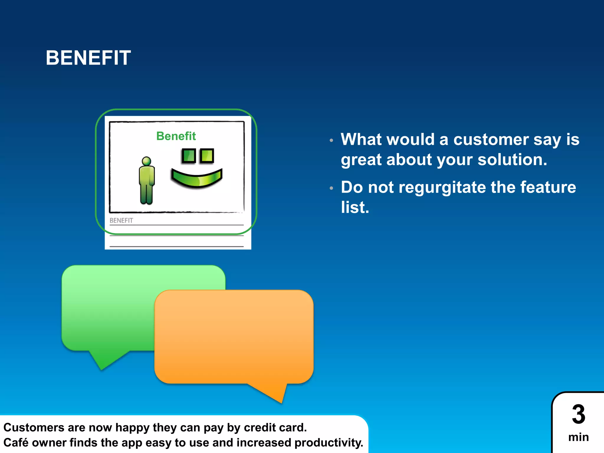BENEFIT
• What would a customer say is
great about your solution.
• Do not regurgitate the feature
list.
3
min
Benefit
Customers are now happy they can pay by credit card.
Café owner finds the app easy to use and increased productivity.
 