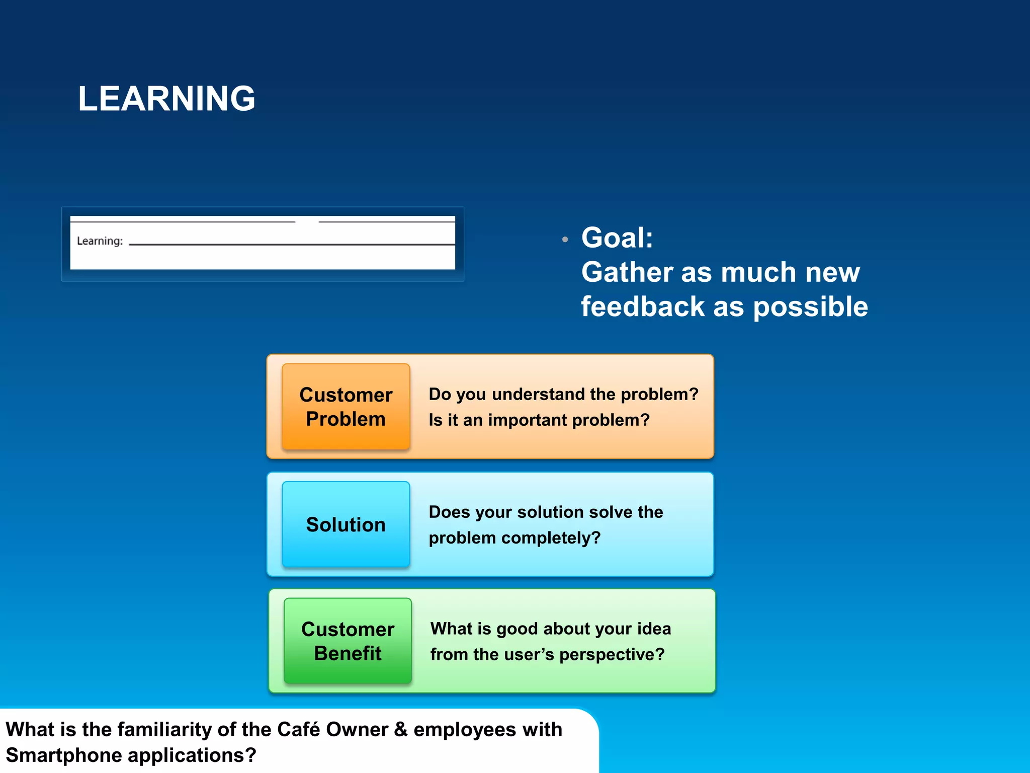 LEARNING
• Goal:
Gather as much new
feedback as possible
What is the familiarity of the Café Owner & employees with
Smartphone applications?
Customer
Problem
Do you understand the problem?
Is it an important problem?
Solution
Does your solution solve the
problem completely?
Customer
Benefit
What is good about your idea
from the user’s perspective?
 